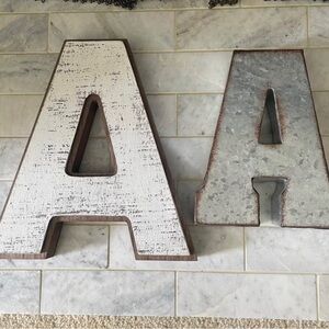 Set of Decorative Letter A Accents - White Wood & Galvanized Metal